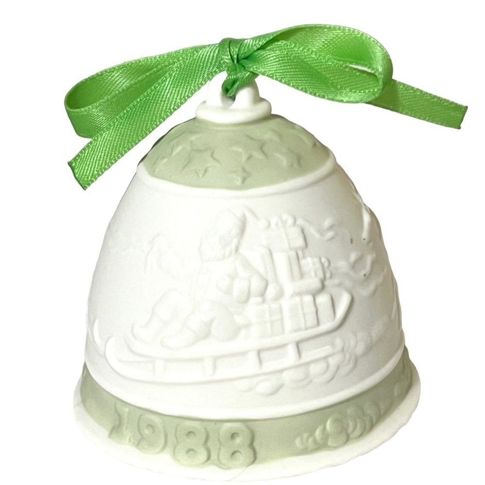 Vintage Llardo Stamped Porcelain Christmas Bell 1988 White/Green